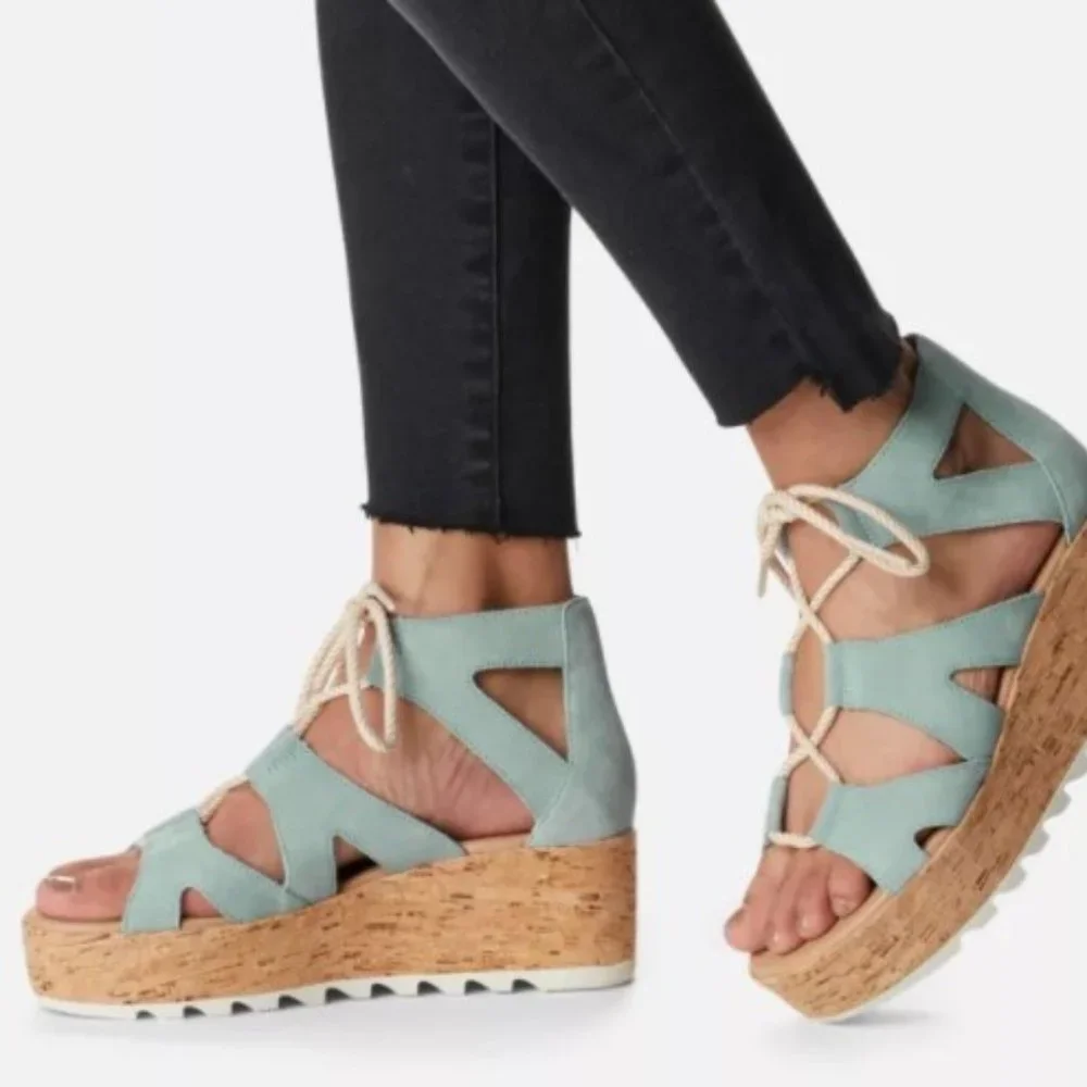 Sorel Blue Suede Cork Platform Sandals with Rope Laces